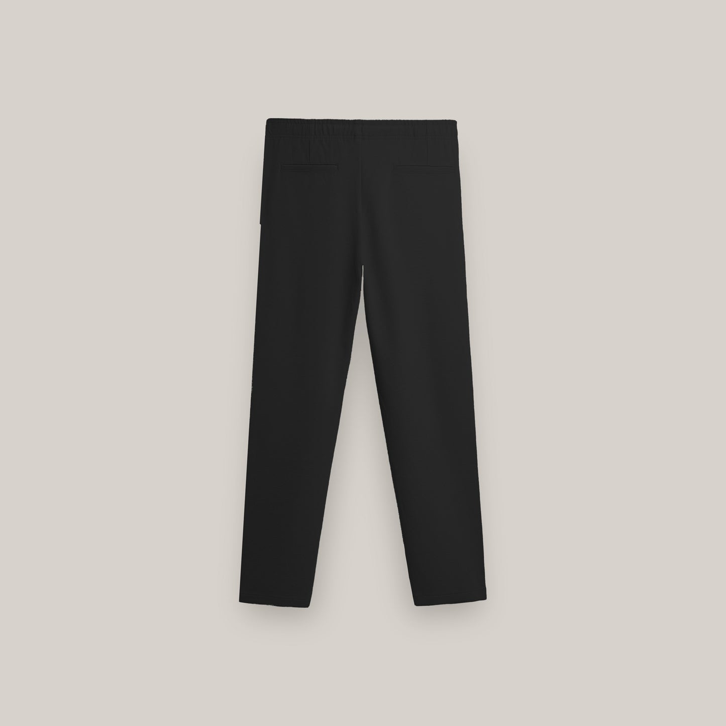 Plain black straight-leg pants with an elastic waistband and drawstrings