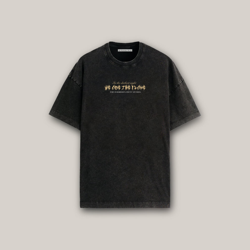 The back features the skeletal head of a Lamb with Angelic wings on the back. The print has a divine pull to it amplified by the eccentric electric details. The front features - In the Darkest night, we are the Flame.
FABRIC – 260 GSM 100% Terry cotton