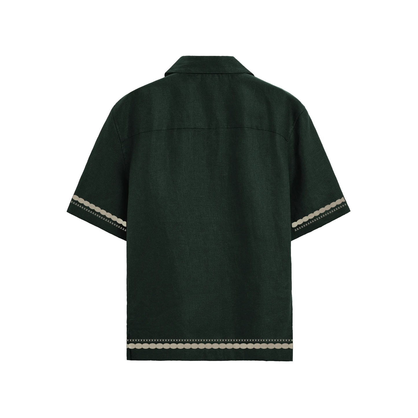Dark green short-sleeve button-up shirt with cream embroidered borders, decorative stitch detailing, crocodile motifs near the hem, and “Forbidden” text on the chest.