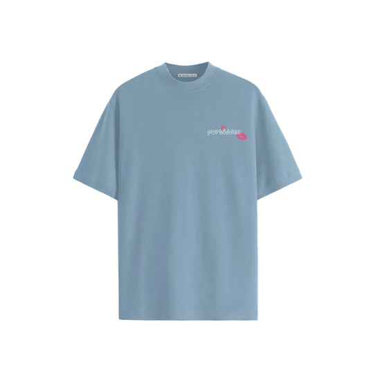 Blue t-shirt featuring a cartoon flip phone with the words "Kiss me thru the phone" and red lips. Playful, nostalgic design on the back.