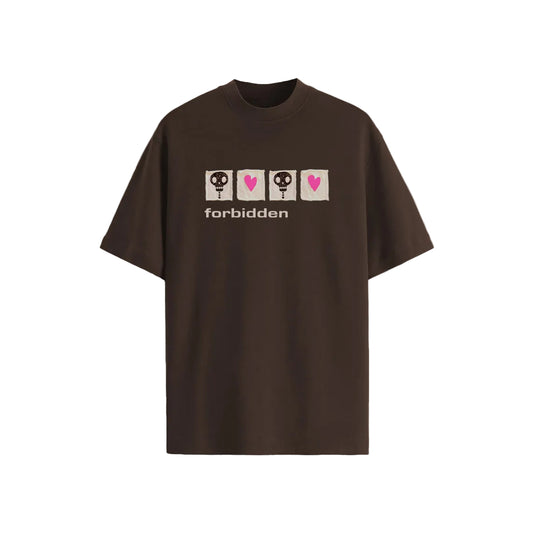 Brown t-shirt featuring a pattern of four squares with alternating skull keys and pink hearts. The word "forbidden" is printed beneath in white.