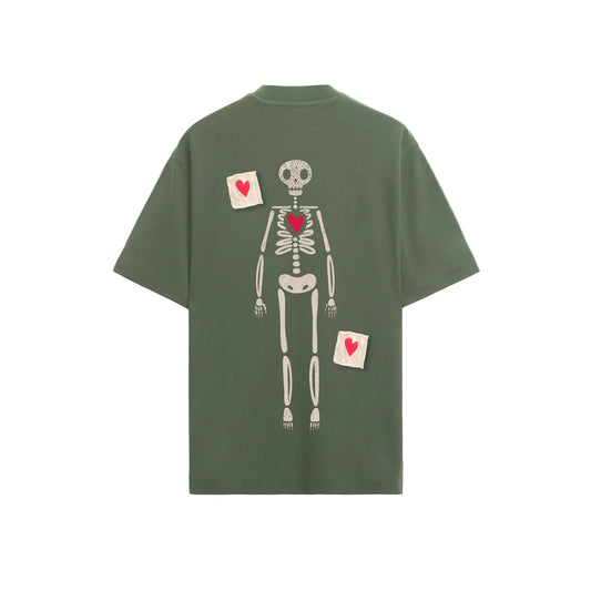 Oversize green tea with skeleton back, print and patchwork of hearts