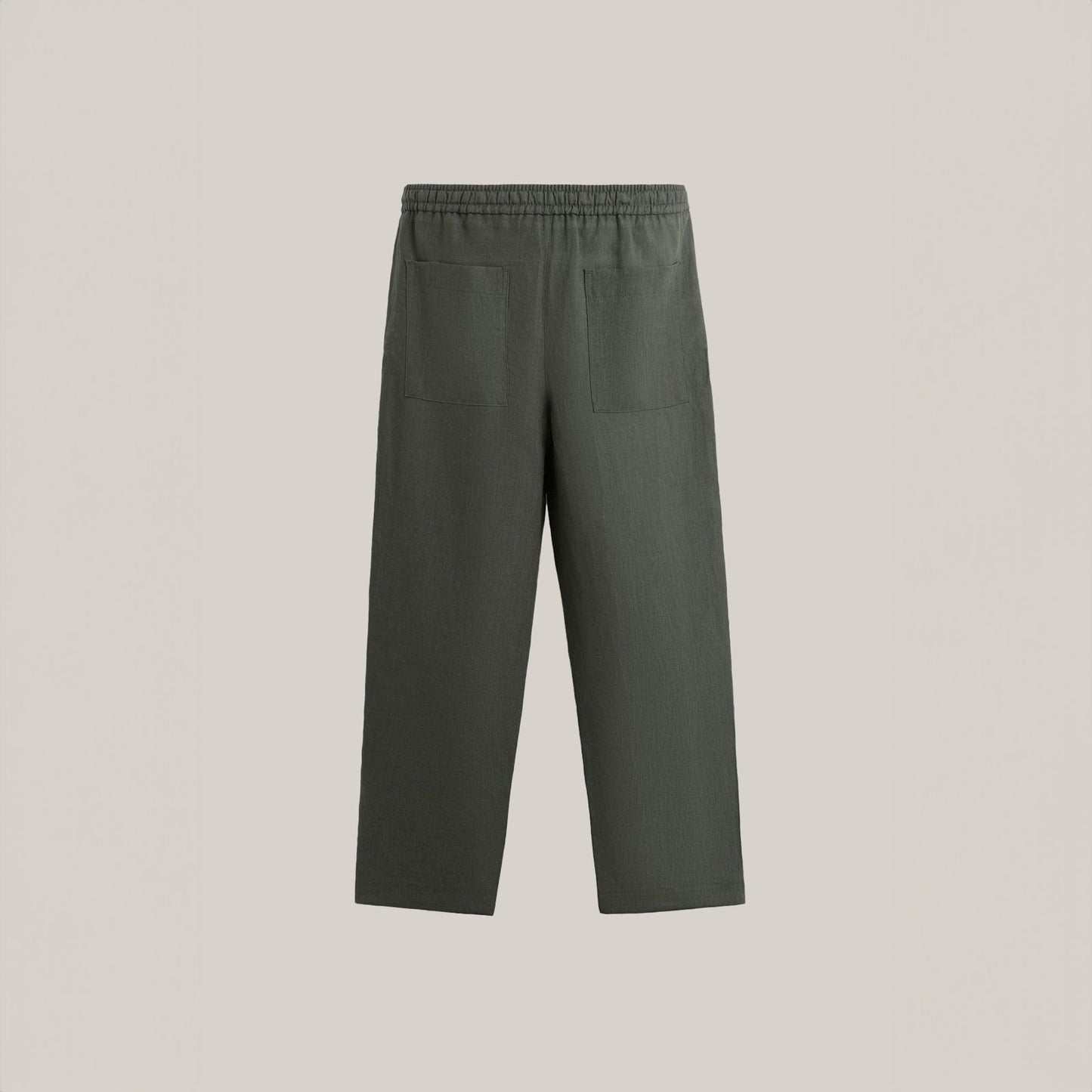 Olive green drawstring pants with a straight-leg fit and elastic waistband