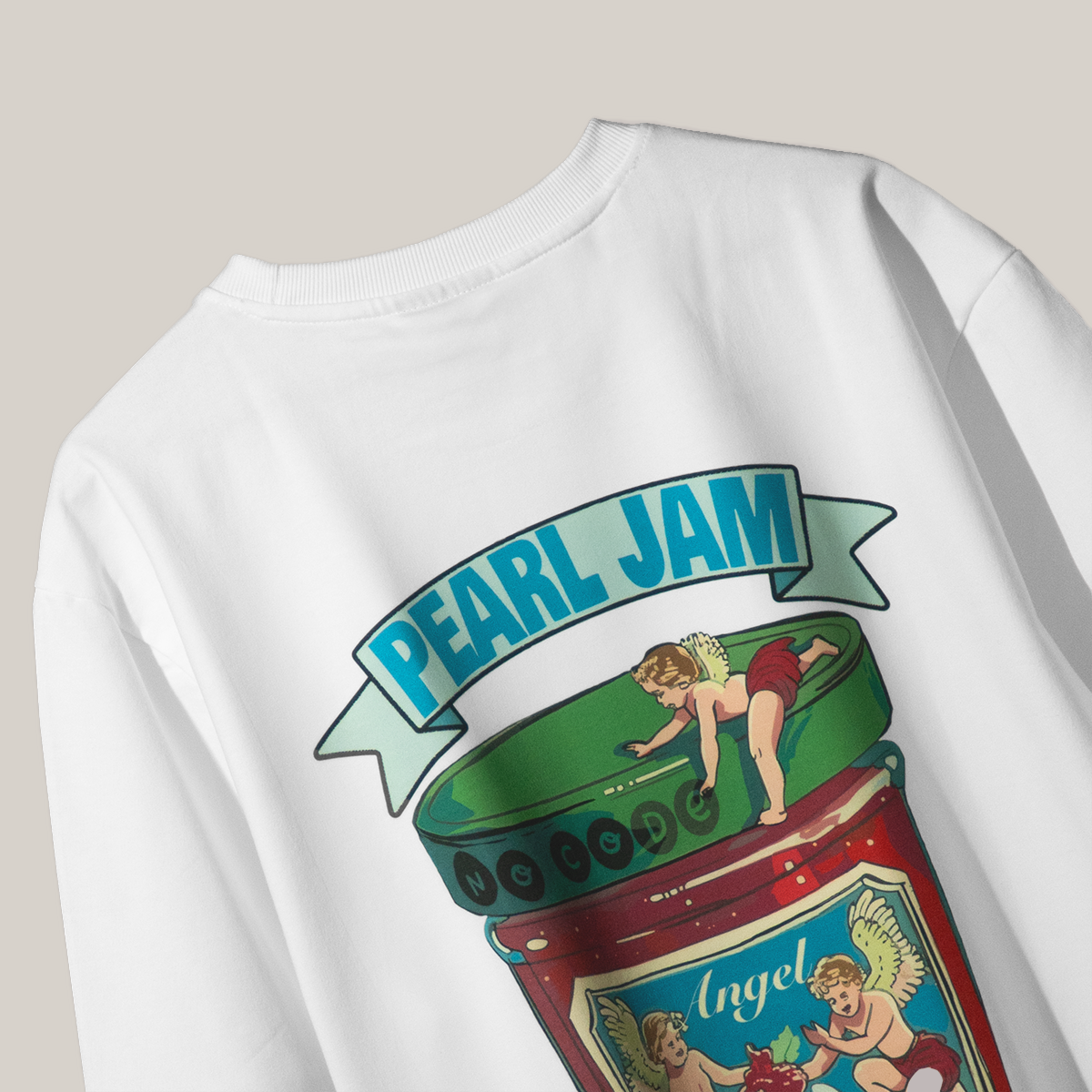 White T-shirt featuring a vintage-style graphic of a jam jar labeled "Angel" with cherubs. "Pearl Jam" and "No Code" are displayed above. Vibrant and playful design.