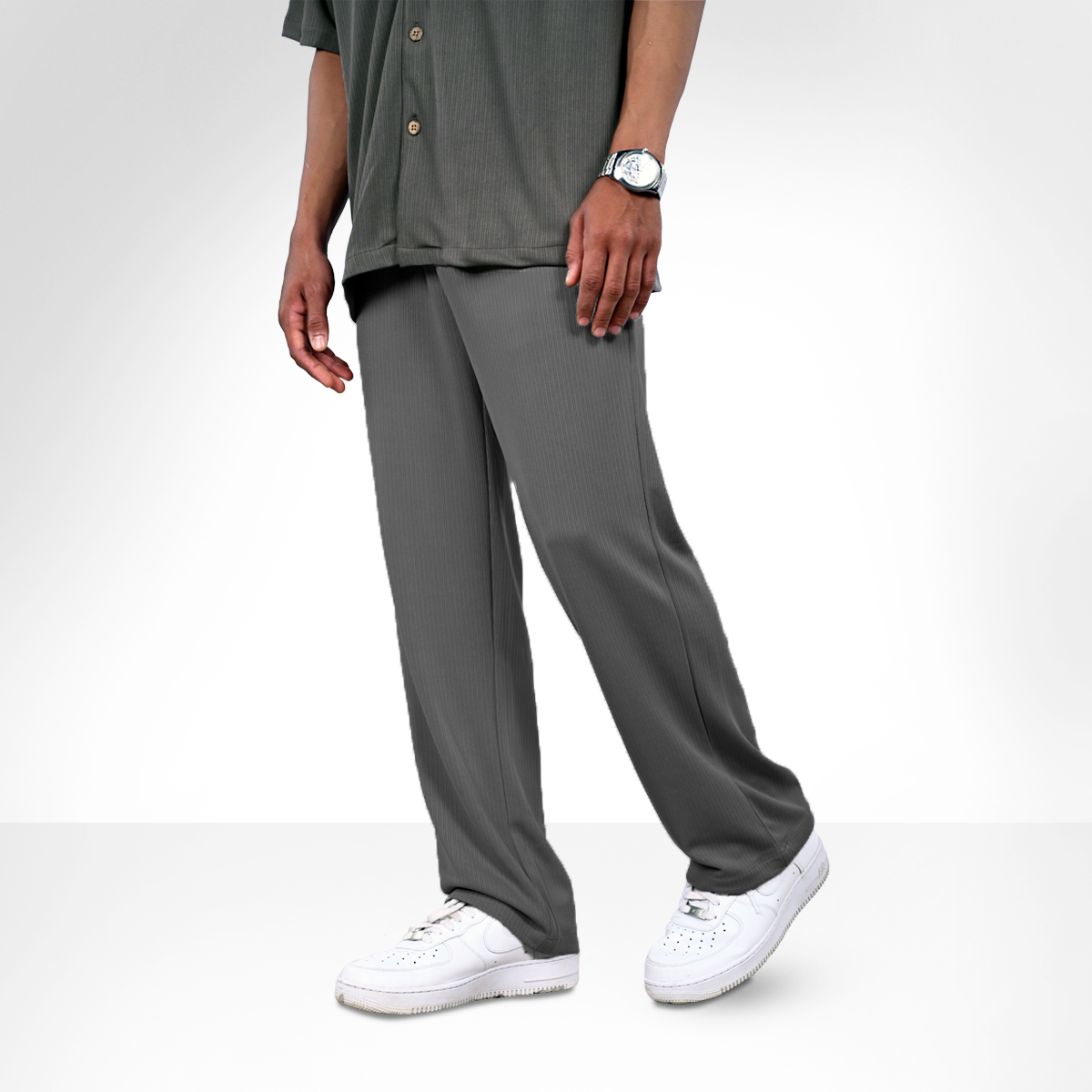 Dark Gray wide-leg pants with an elastic waistband and a subtle textured fabric