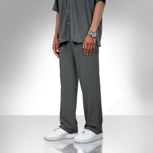 Dark Gray wide-leg pants with an elastic waistband and a subtle textured fabric