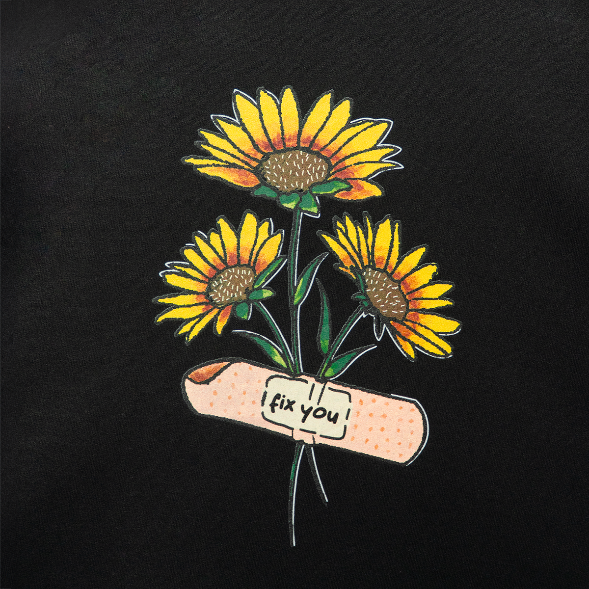 A sophisticated black t-shirt showcasing a beautiful sunflower motif, ideal for a fashionable yet relaxed look.