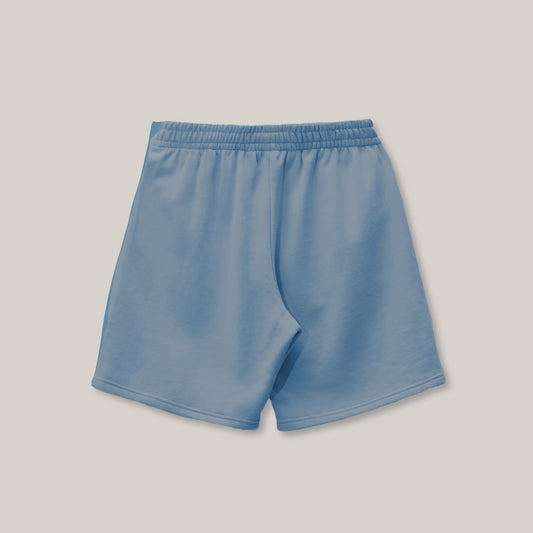 Light blue shorts with an elastic waistband featuring a yellow cartoon dinosaur graphic on each leg.