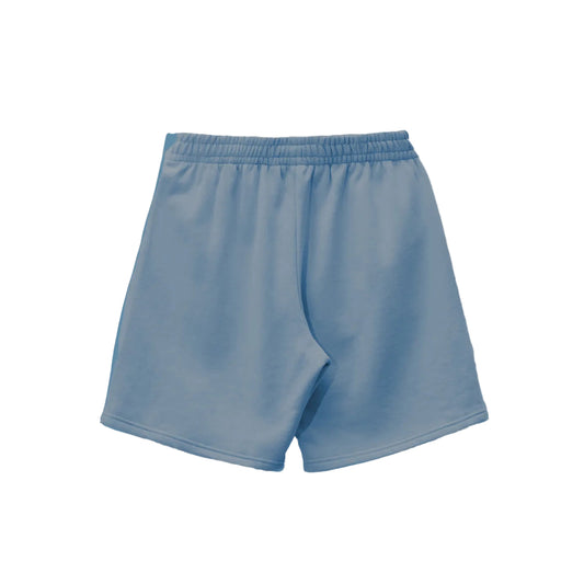 Light blue shorts with an elastic waistband featuring a yellow cartoon dinosaur graphic on each leg.
