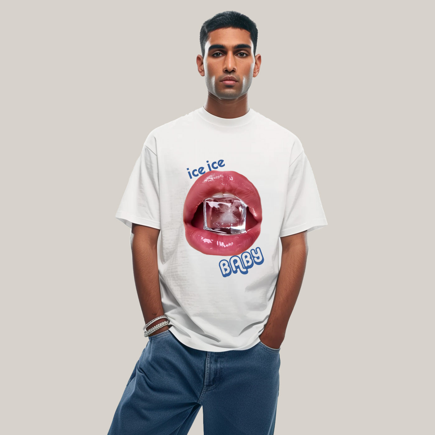 featuring red lips holding an ice cube, with the words “ice ice baby” in blue text. The design is playful and bold.