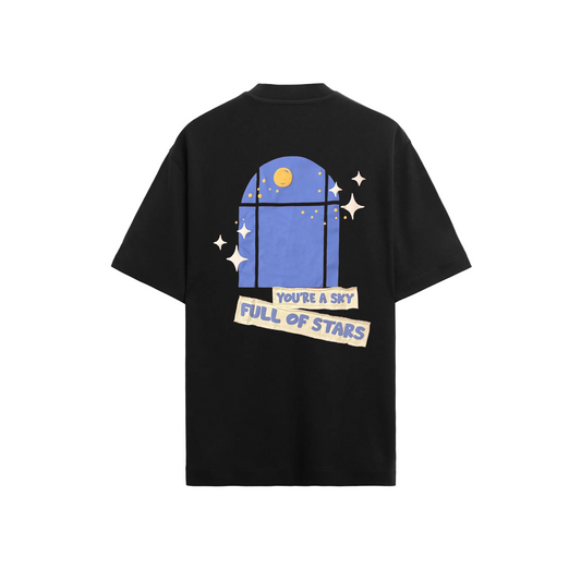 On the front, the words “I'm gonna give you my heart” are displayed in vibrant playful accents with patch work & puff print. The back design reveals a dreamy window to a starry night sky, with “You're a sky full of stars” beneath it, again with puff effect on a fabric patch.
FABRIC – 260 GSM Cotton Terry Fabric