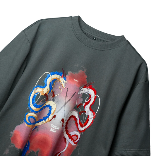 Gray T-shirt displaying two stylized dragons—one blue and gold, the other red and white—facing each other over crossed swords, with a splash of vivid red in the background.