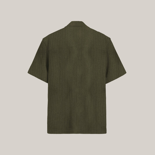 Grey textured short-sleeve button-up shirt with ‘Forbidden’ embroidery on the chest.