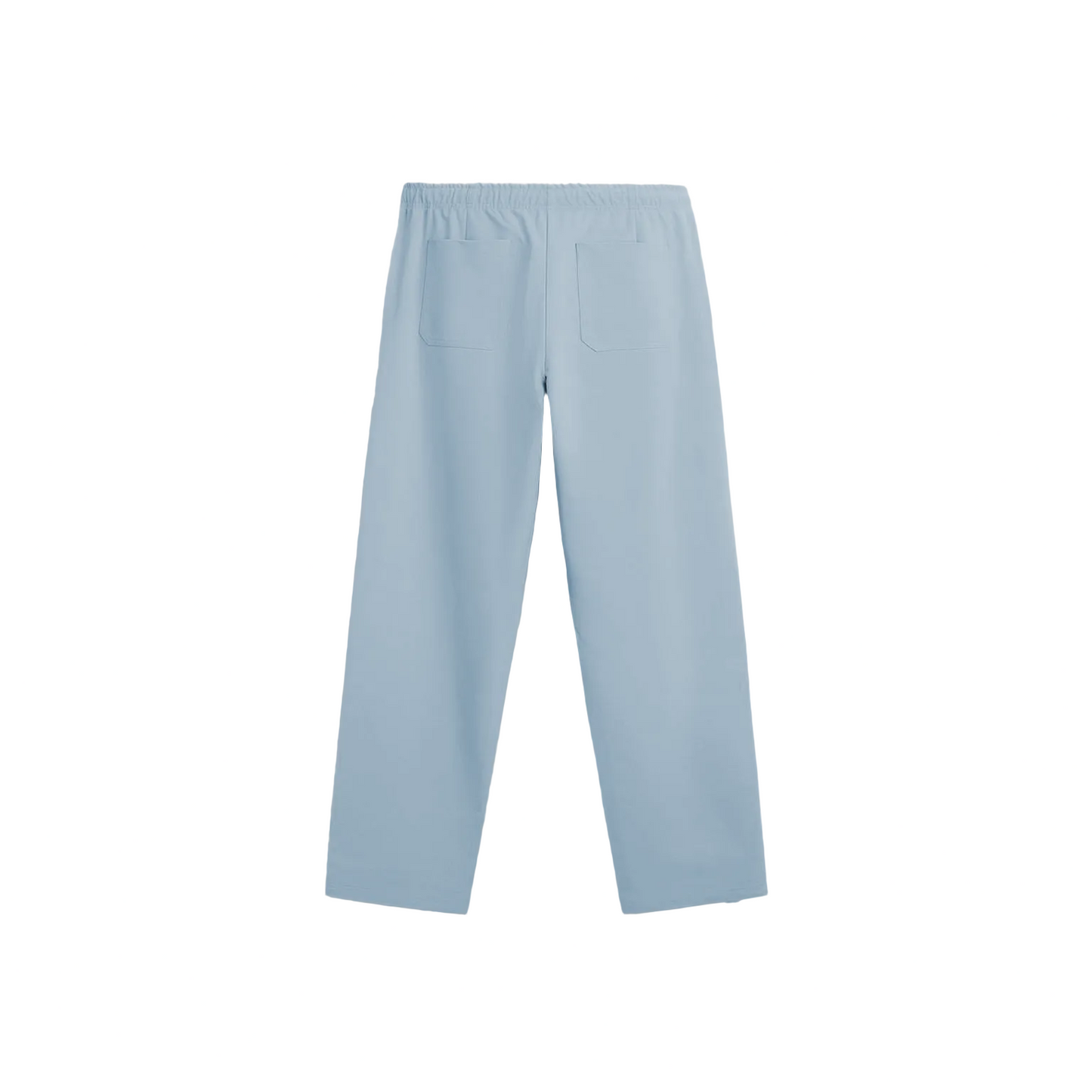 Light blue straight-leg pants with an elastic waistband and white lotus flower graphics with green leaves printed near the bottom of both legs, along with a small “forbidden” logo on the upper left side.
