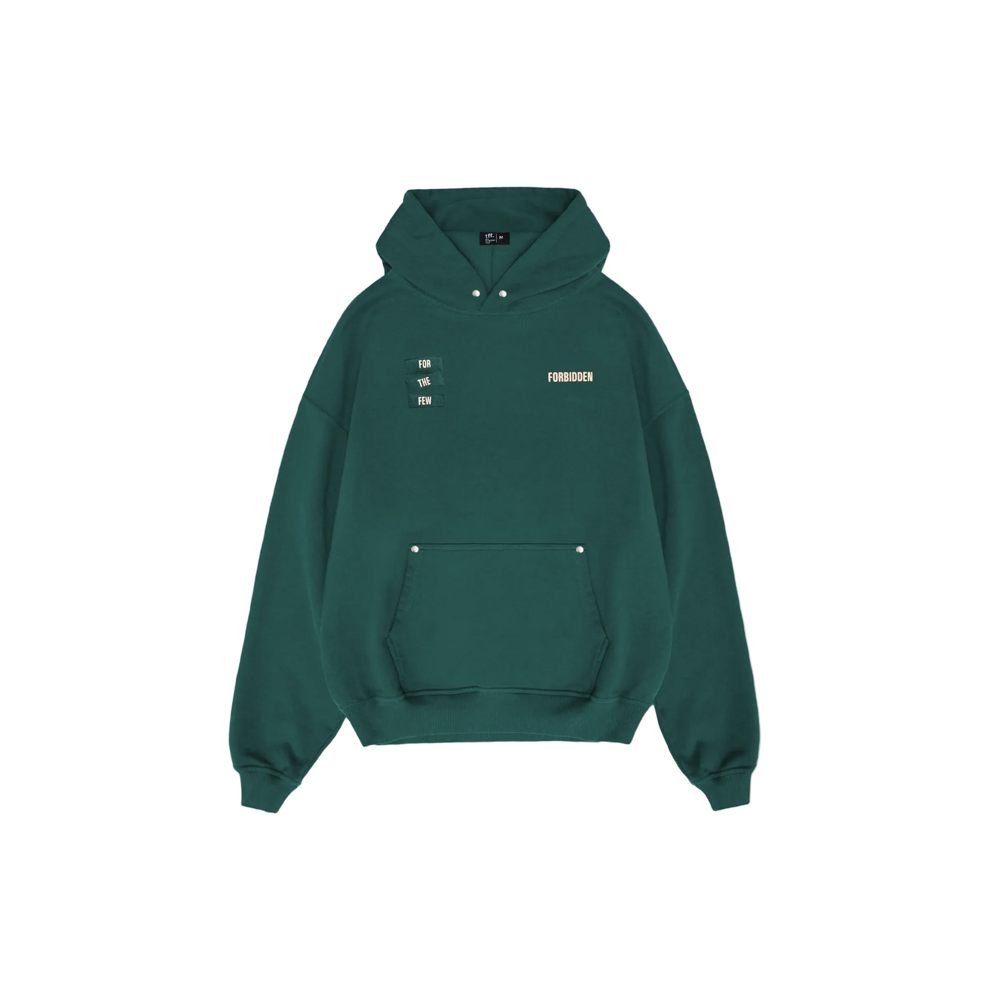 Dark green hoodie shown from the back featuring bold “FORBIDDEN” text, a small “For the Few” label, and a minimalist inspirational slogan printed at the center.