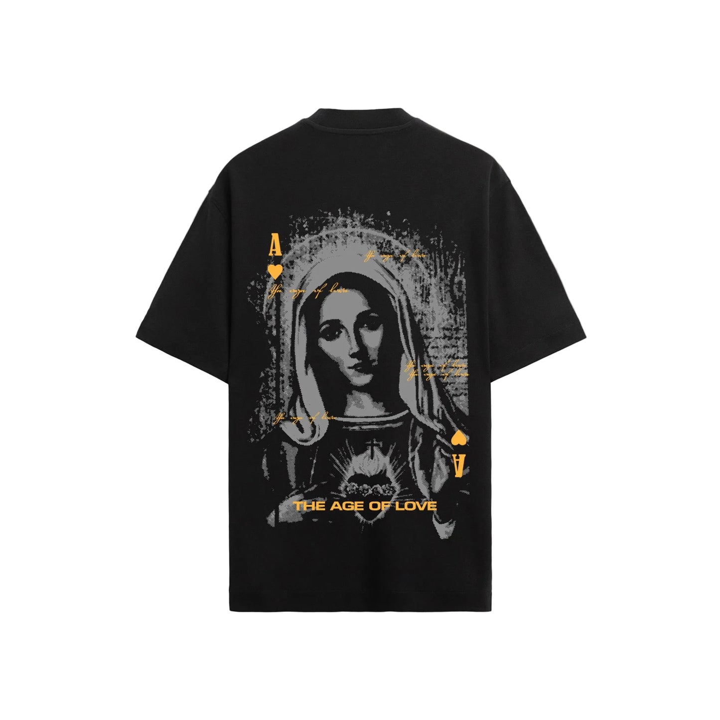 a grayscale religious icon of a serene woman and golden text reading "The Age of Love." Includes spade symbols for an edgy feel.