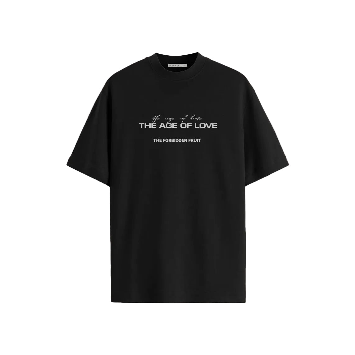 on a beige background with white text: "The Age of Love" and "The Forbidden Fruit." Minimalist design with a modern, trendy tone.