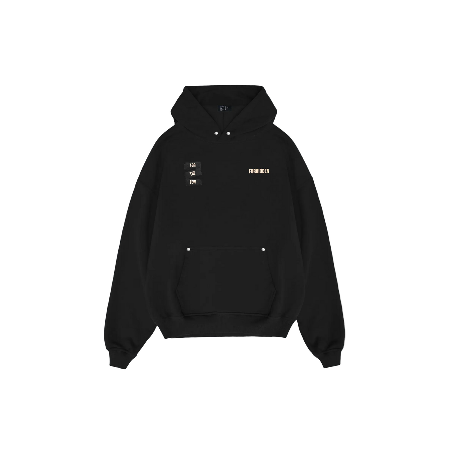 Black hoodie shown from the back with large “FORBIDDEN” text, a “For the Few” label, and a minimalist inspirational slogan printed at the center.