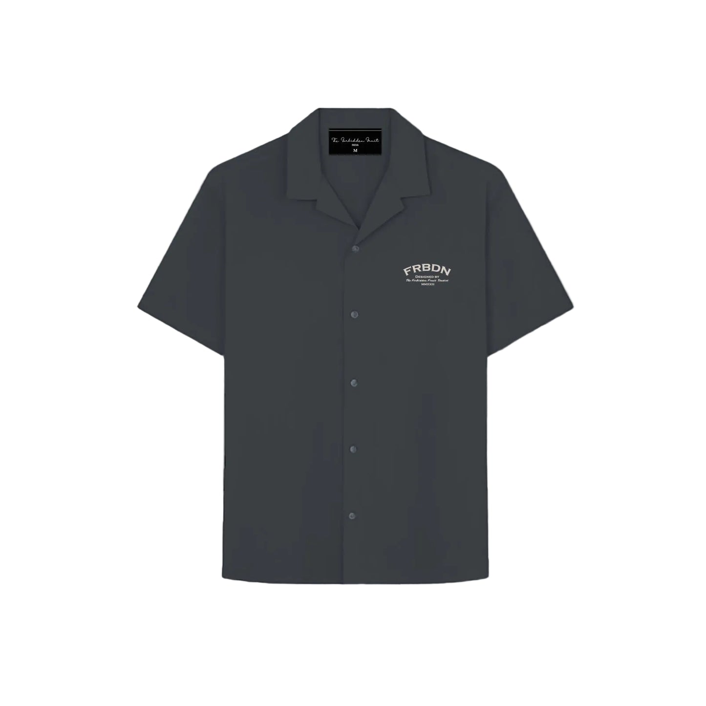 Dark gray short-sleeve button-up shirt with a camp collar. White "FRBDN" logo on the left chest. Minimalistic and modern design, set against a neutral background.