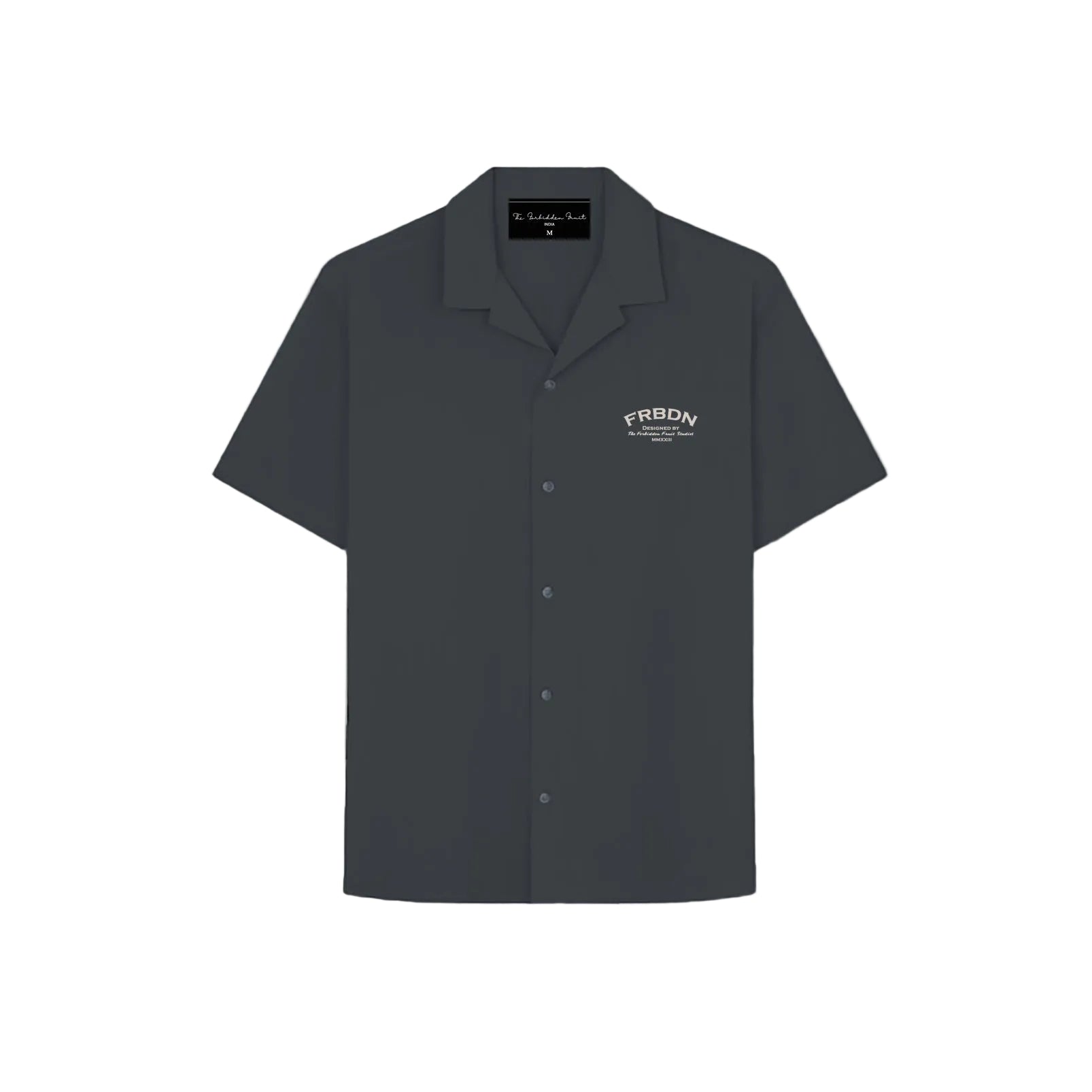 Dark gray short-sleeve button-up shirt with a camp collar. White "FRBDN" logo on the left chest. Minimalistic and modern design, set against a neutral background.