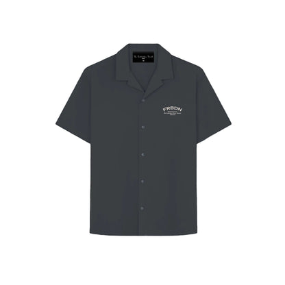 Dark gray short-sleeve button-up shirt with a camp collar. White "FRBDN" logo on the left chest. Minimalistic and modern design, set against a neutral background.