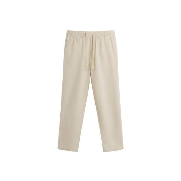 Light beige straight-leg pants featuring an elastic waistband, drawstring closure, and side pockets