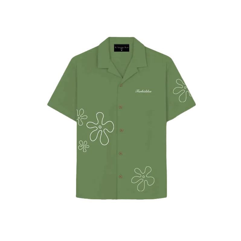A floral-patterned green shirt featuring various colorful flowers, perfect for a casual look.