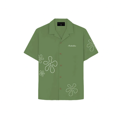 A floral-patterned green shirt featuring various colorful flowers, perfect for a casual look.