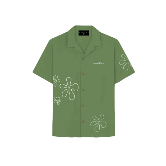 A floral-patterned green shirt featuring various colorful flowers, perfect for a casual look.