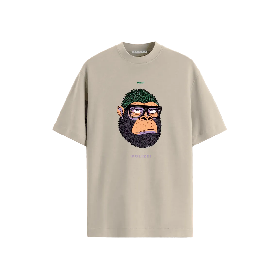 Beige T-shirt featuring a stylized illustration of a gorilla with green hair and glasses, exuding a quirky, laid-back vibe.