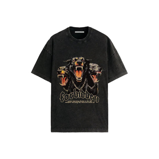 Black T-shirt featuring a graphic of a three-headed dog with open mouths, chains, and the word "Forbidden" in bold letters beneath. Edgy and intense design.