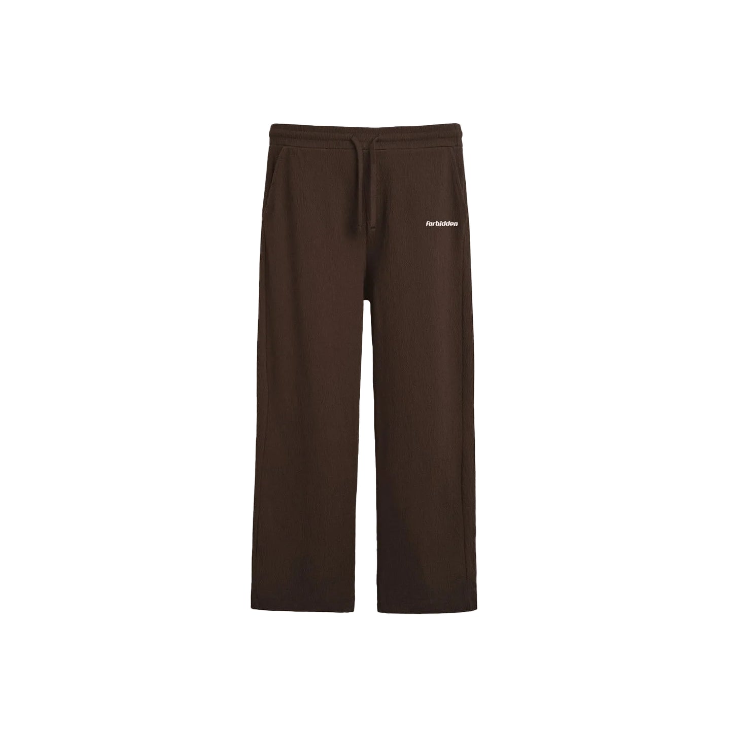 Featuring two front and two back pockets with an elastic waist band with drawstrings. Forbidden logo on left, next to pocket in HD.

