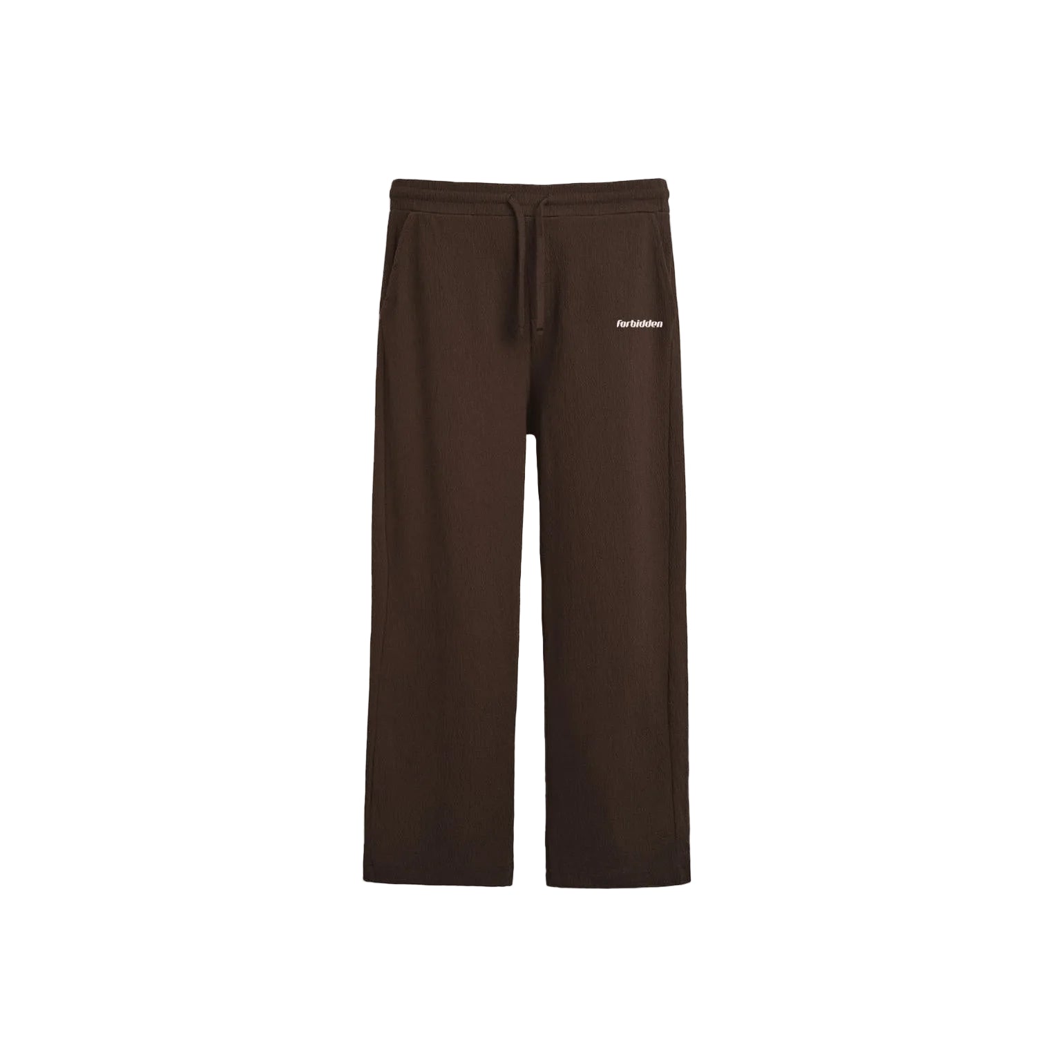 Featuring two front and two back pockets with an elastic waist band with drawstrings. Forbidden logo on left, next to pocket in HD.
