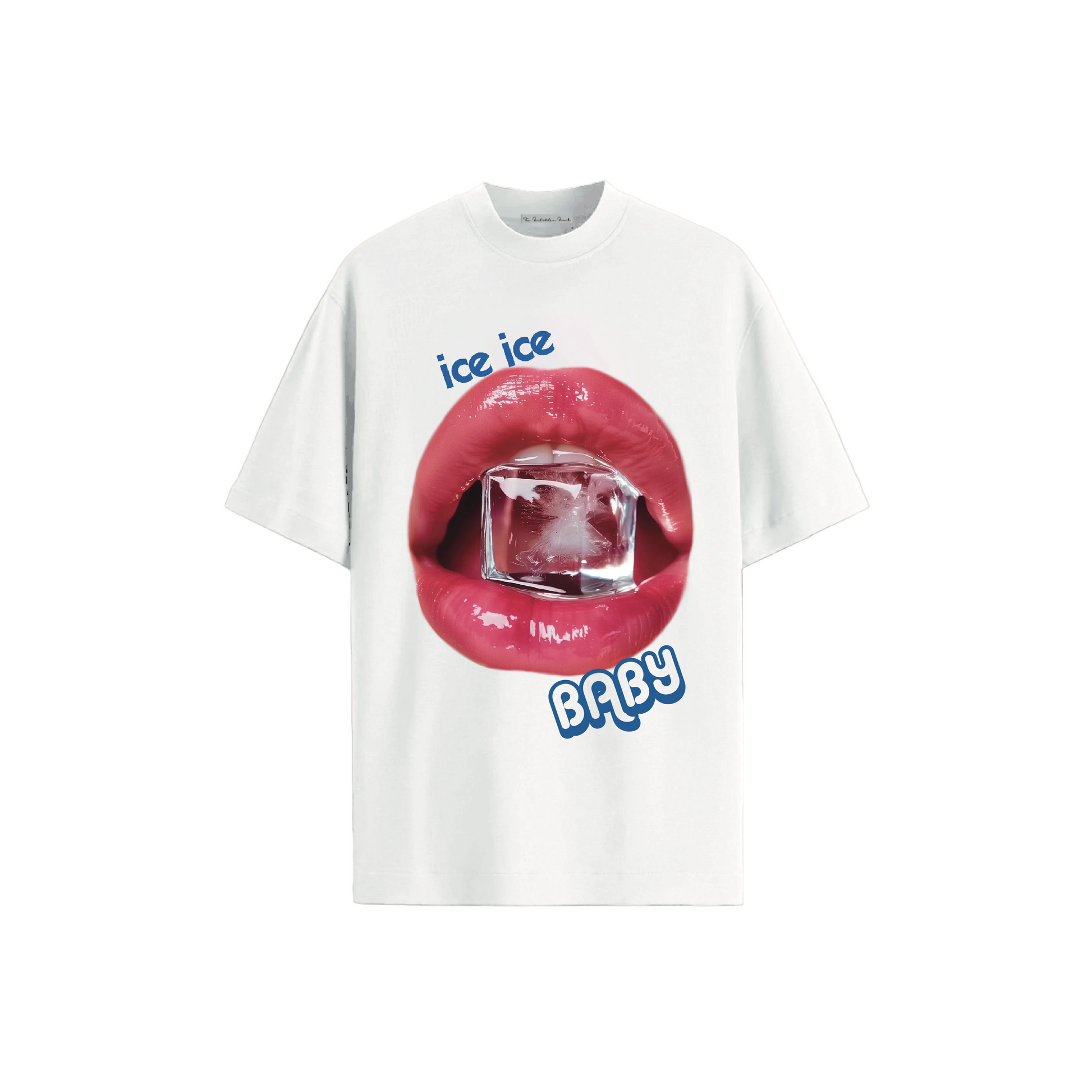 featuring red lips holding an ice cube, with the words “ice ice baby” in blue text. The design is playful and bold.