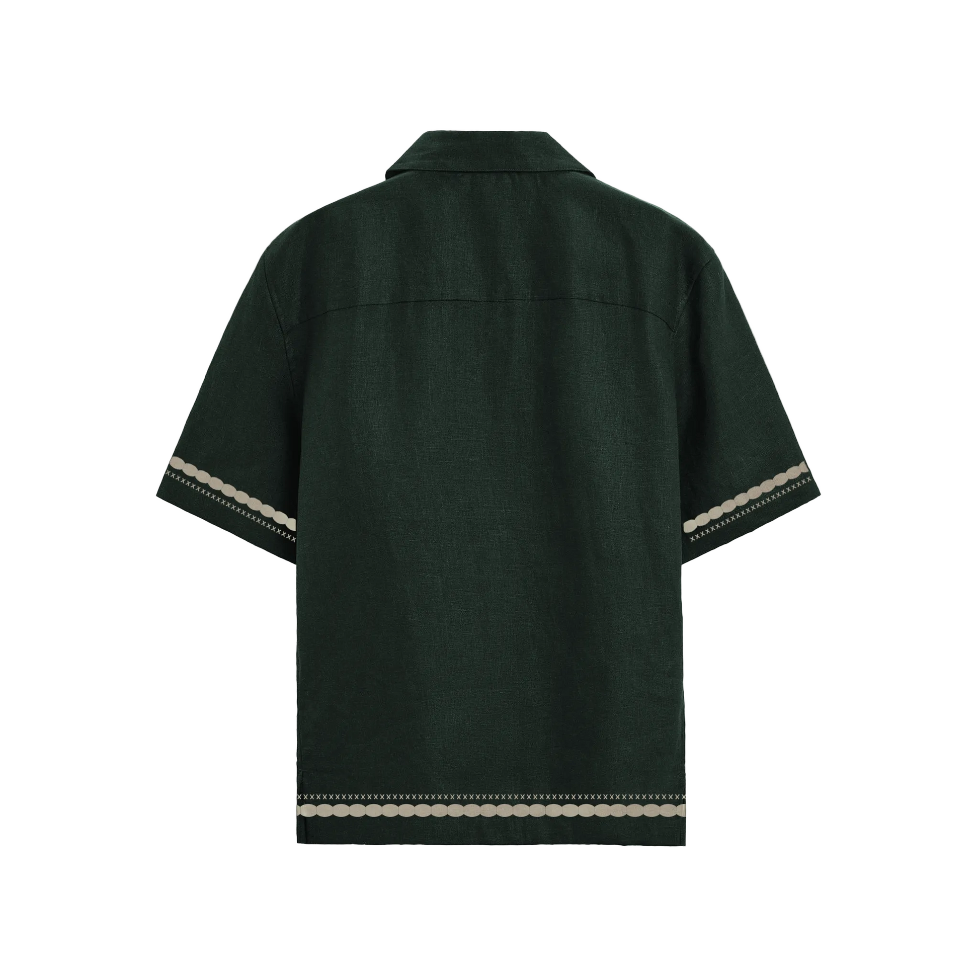 Dark green short-sleeve button-up shirt with cream embroidered borders, decorative stitch detailing, crocodile motifs near the hem, and “Forbidden” text on the chest.