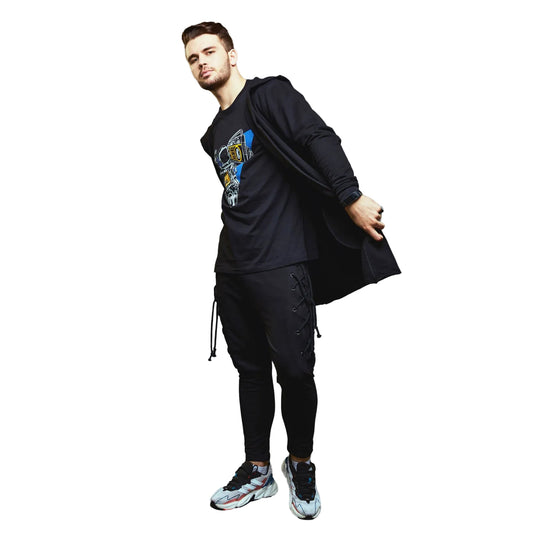 a man is standing on a pair of skis 