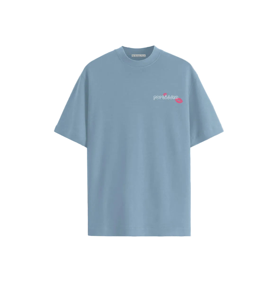 Blue t-shirt featuring a cartoon flip phone with the words "Kiss me thru the phone" and red lips. Playful, nostalgic design on the back.