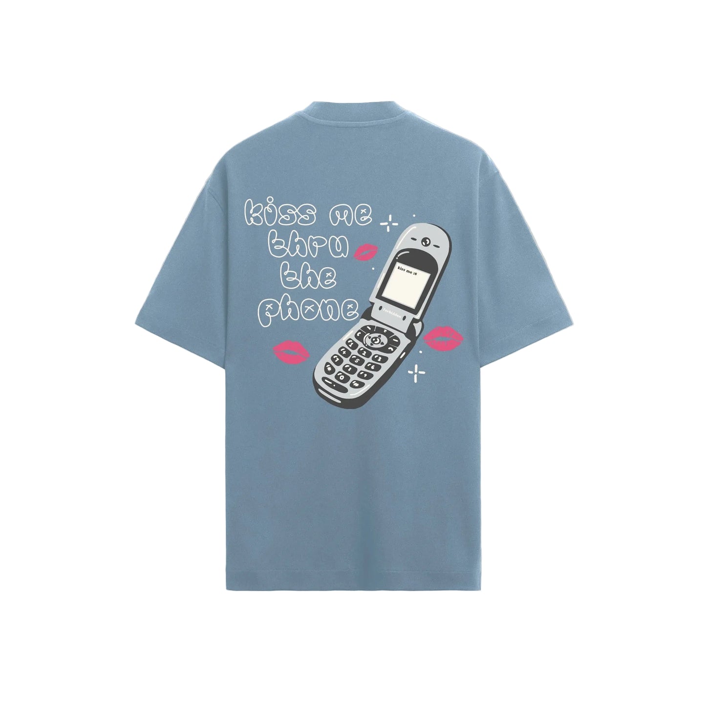 Blue t-shirt featuring a cartoon flip phone with the words "Kiss me thru the phone" and red lips. 
