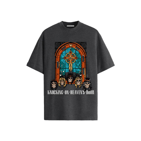 The centerpiece of this design is a stunning stained glass effect depicting the solemn yet mesmerizing image of a church door, symbolic of the journey between worlds. Below it, five skulls emerge, representing the band members themselves, immortalized in the annals of rock history.