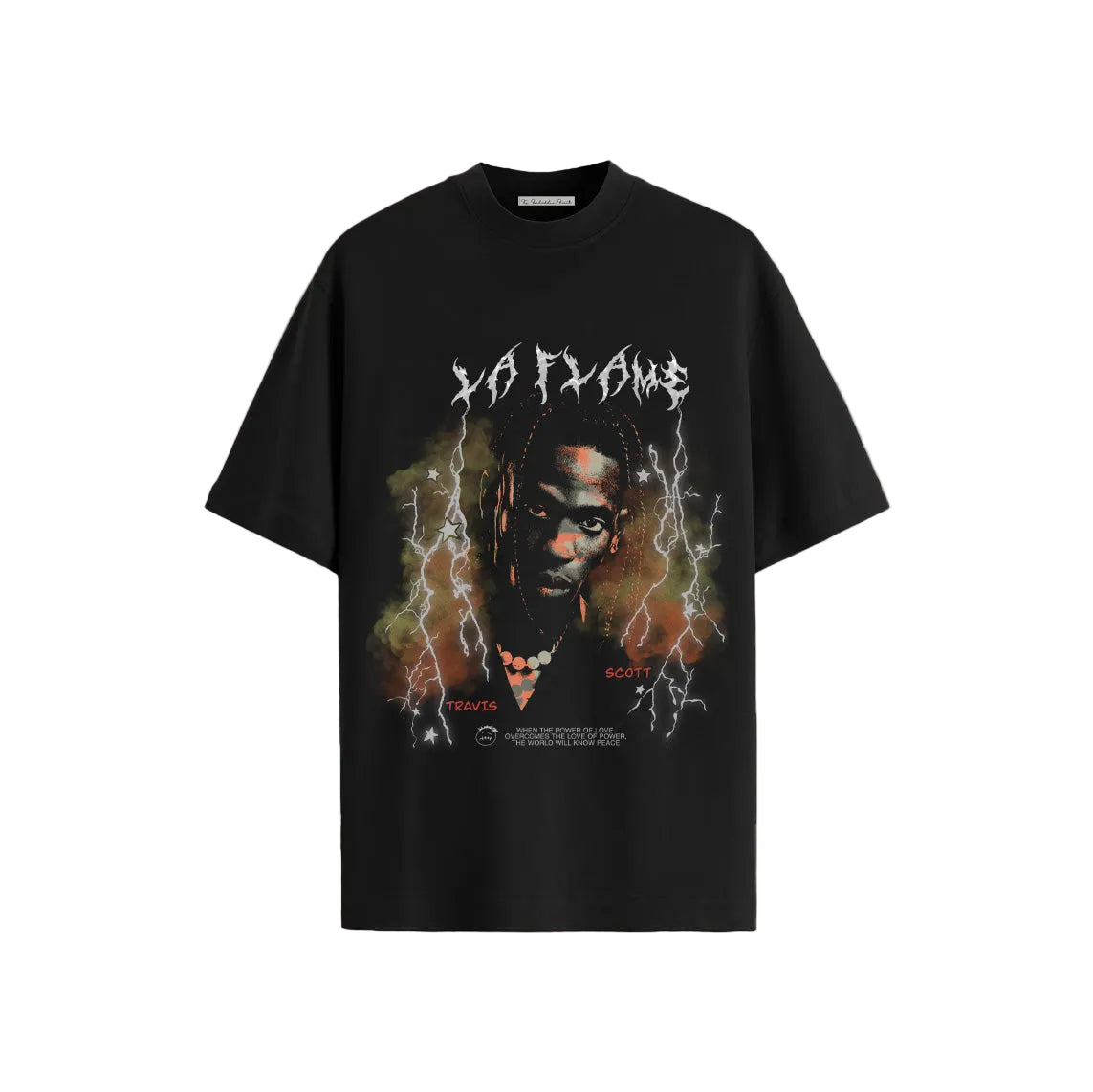 Black graphic tee with an intense, moody design featuring a central figure surrounded by lightning bolts and dark clouds. Bold text reads "LA FLAME."