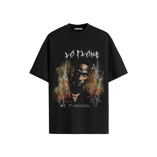 Black graphic tee with an intense, moody design featuring a central figure surrounded by lightning bolts and dark clouds. Bold text reads "LA FLAME."