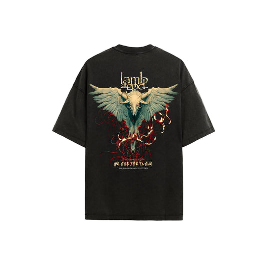  The back features the skeletal head of a Lamb with Angelic wings on the back. 
