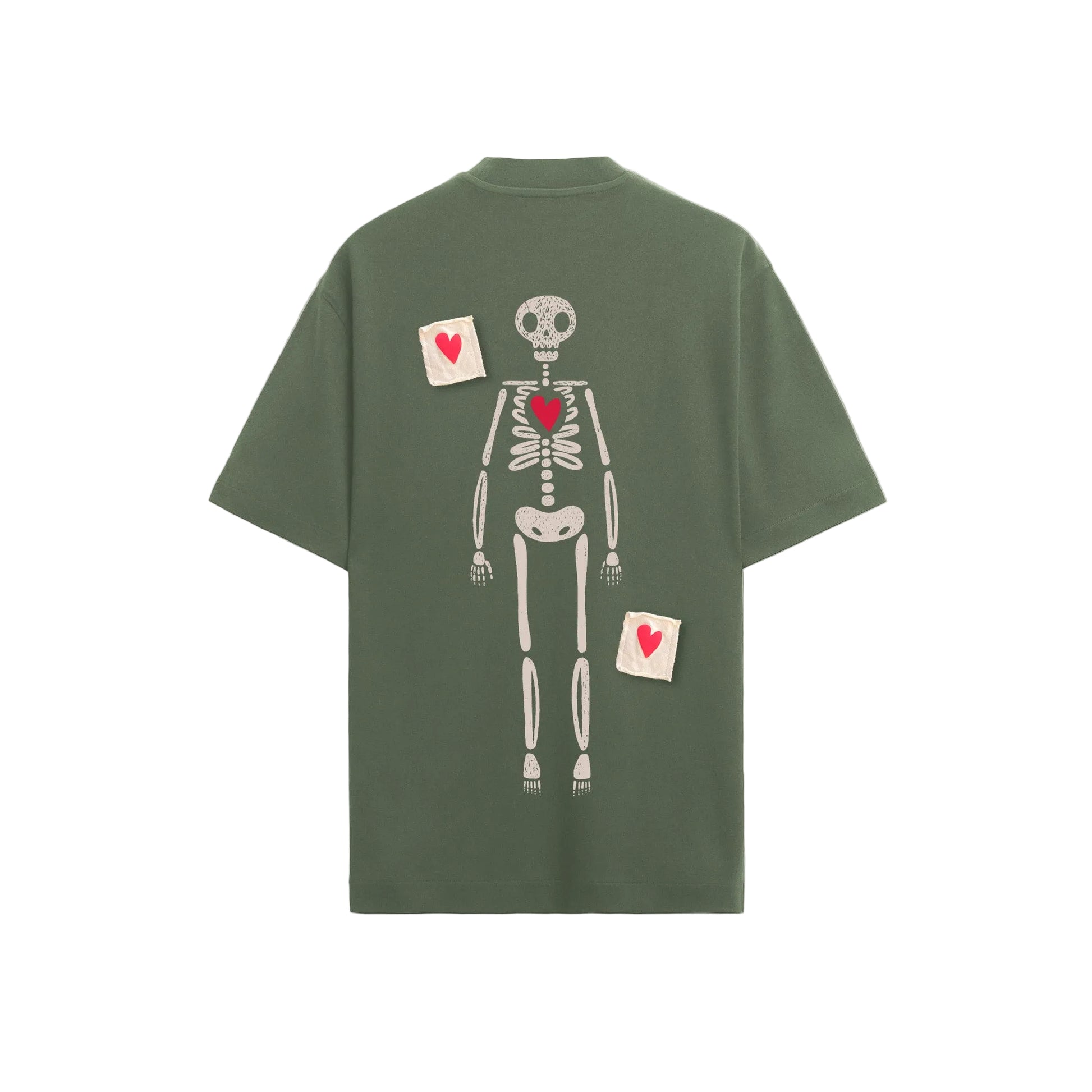 Oversize green tea with skeleton back, print and patchwork of hearts