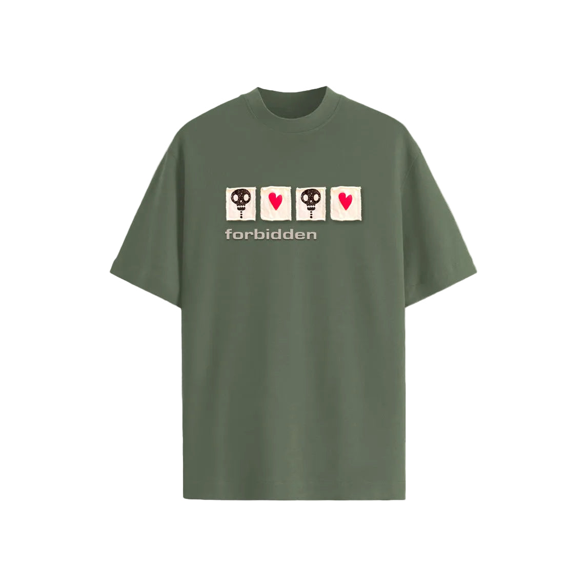 Oversized Green  tee with Skull and heart Patchwork and forbidden branding 