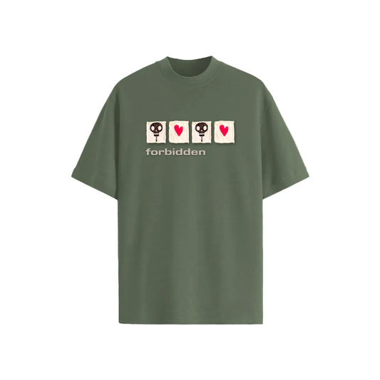 Oversized Green  tee with Skull and heart Patchwork and forbidden branding 