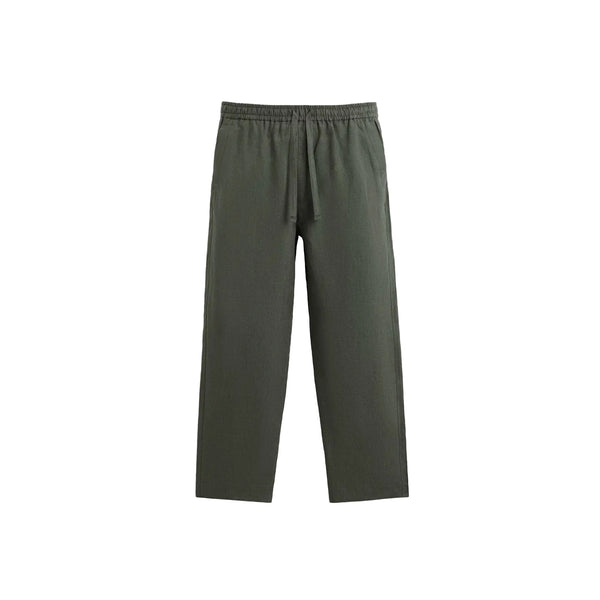 Olive green drawstring pants with a straight-leg fit and elastic waistband