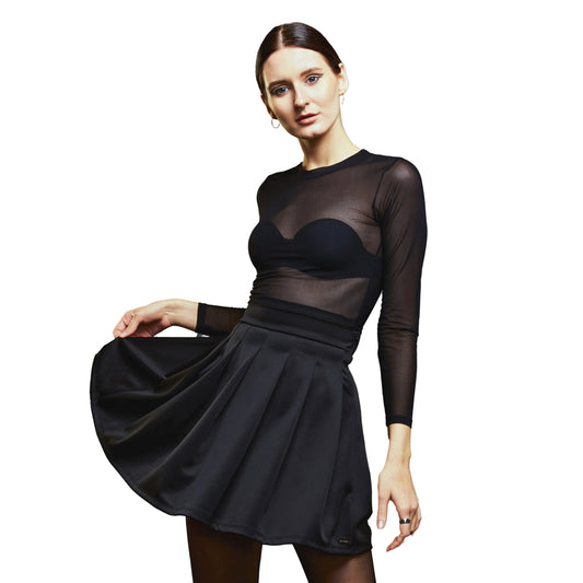 a woman in a black dress holding a tennis racquet 