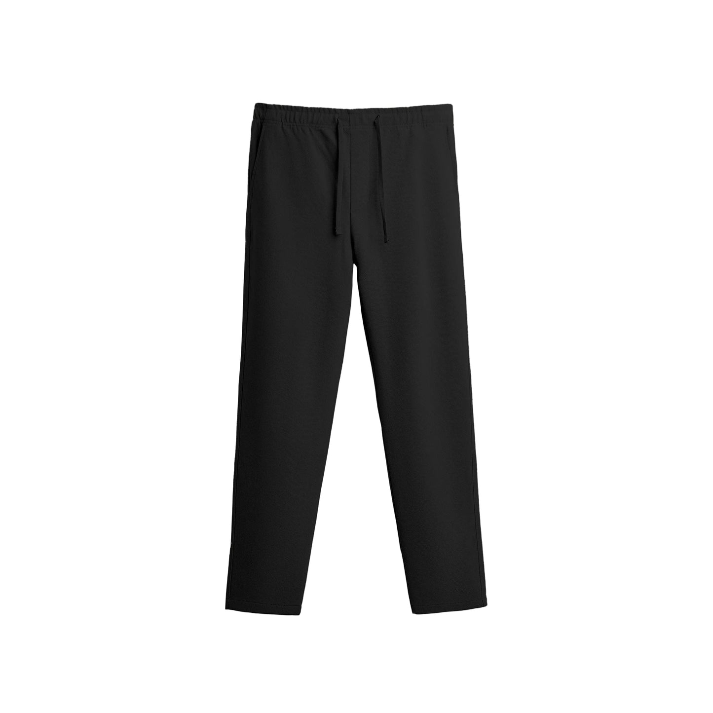 Plain black straight-leg pants with an elastic waistband and drawstrings