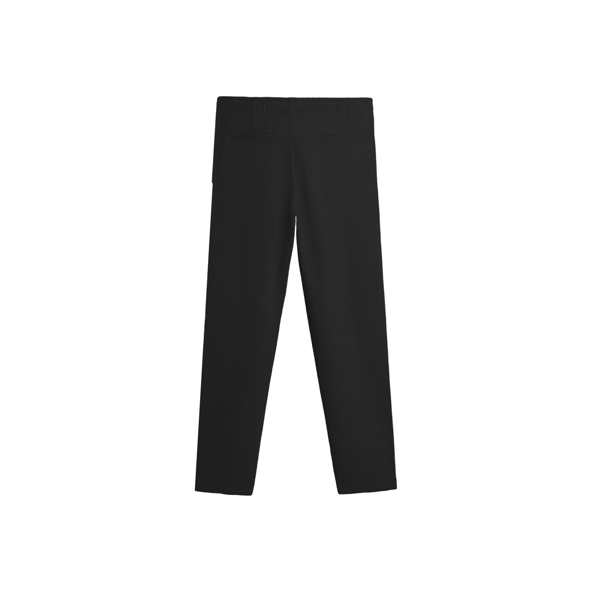 Plain black straight-leg pants with an elastic waistband and drawstrings