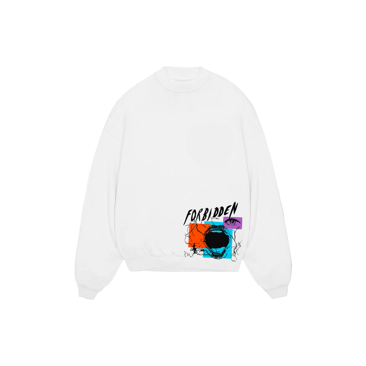 White sweatshirt with bold graphic design. Features the word "FORBIDDEN" in black and colored shapes with an eye. Minimalistic and edgy tone.
